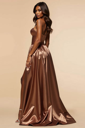 Brown Sweetheart A Line Long Prom Dress With Slit